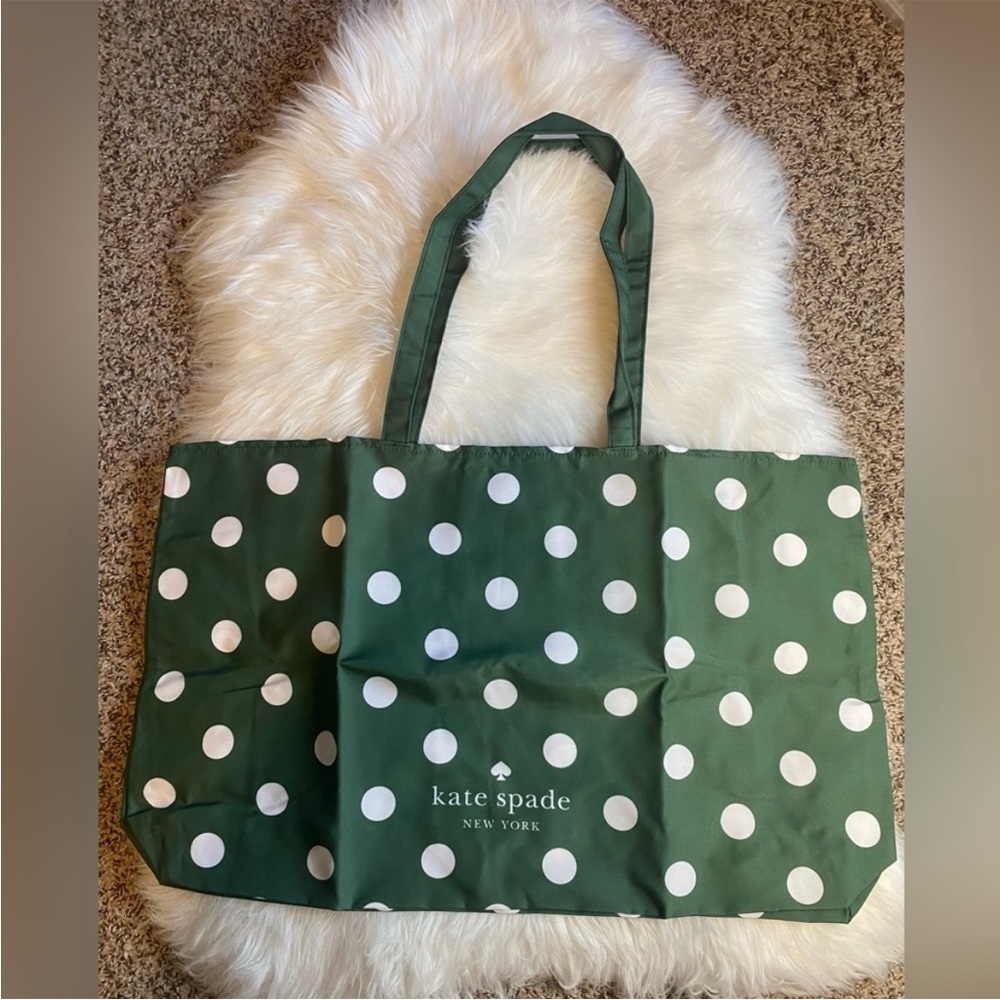 Kate Spade Green White Polka Dots Canvas Tote XL Reusable Shopping Beach Bag